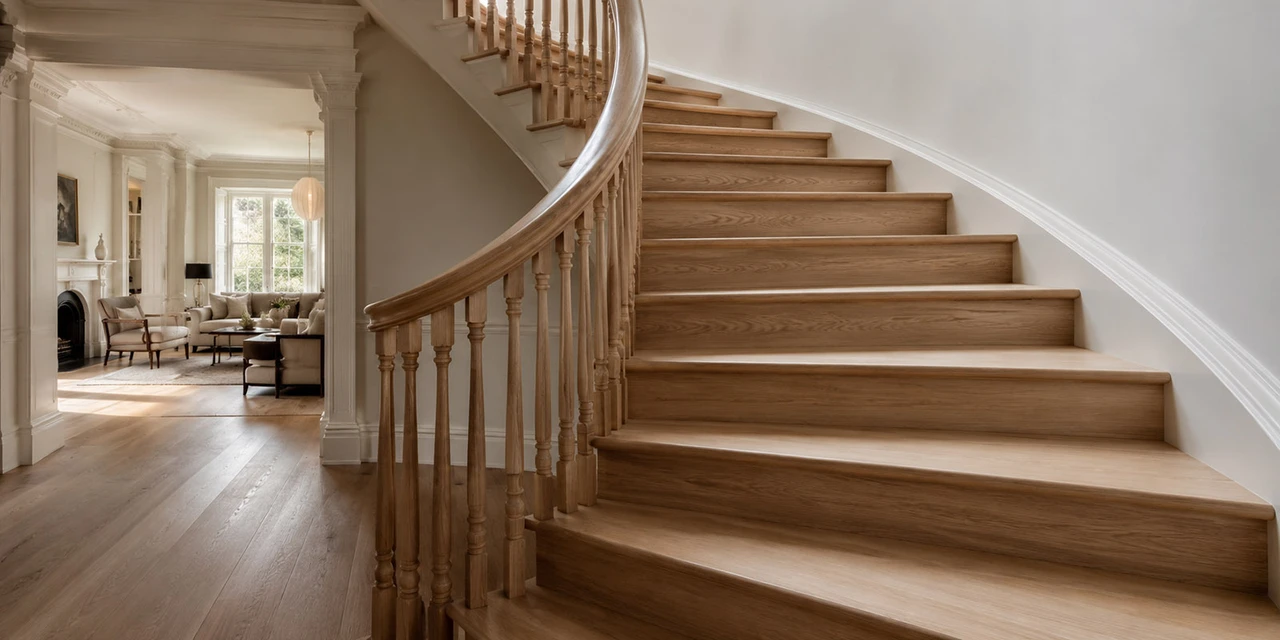 Curved staircase with custom wood stair treads and a painted rail