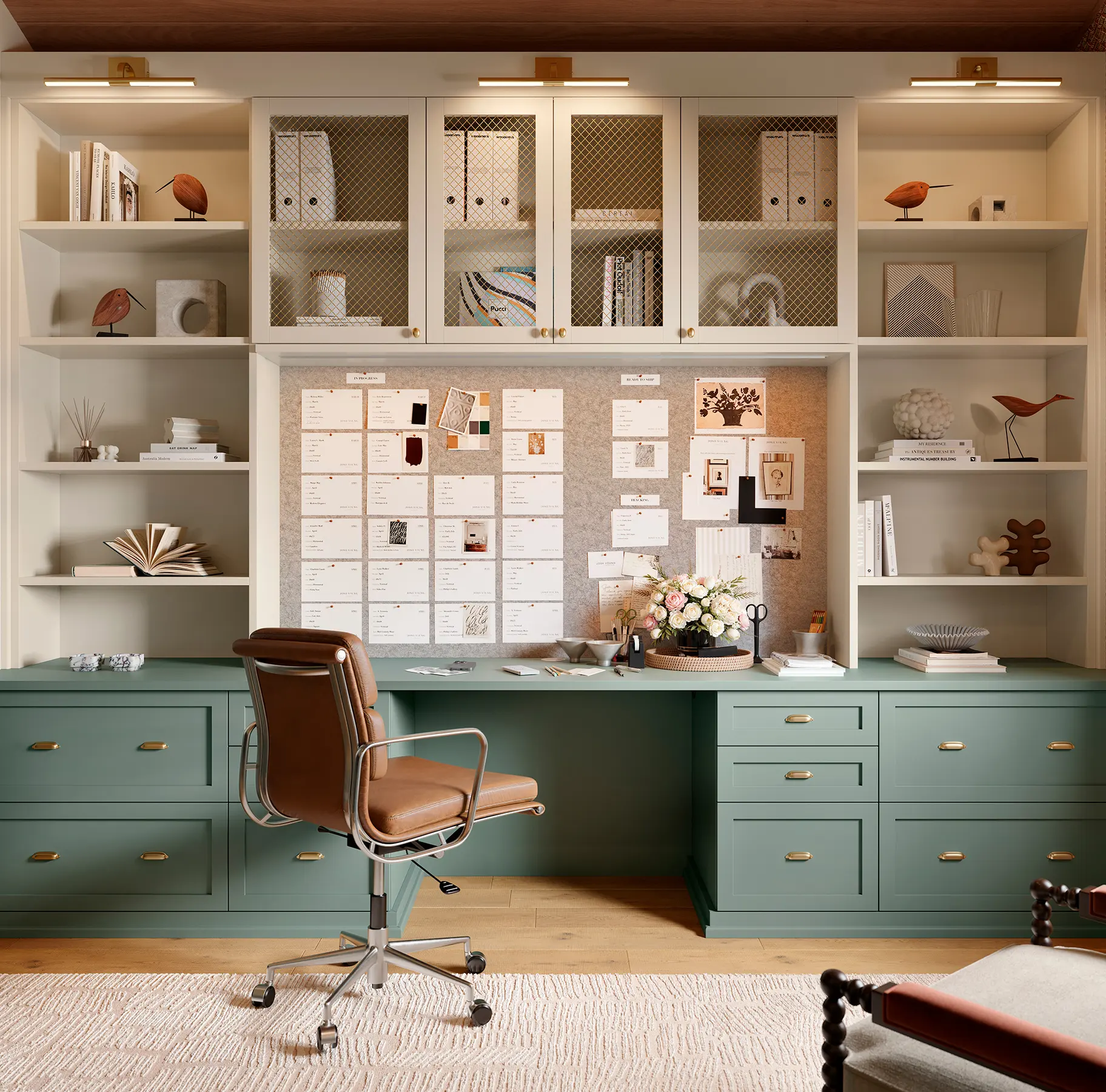 Built-in home office desk and cabinetry with file storage and a pinboard wall